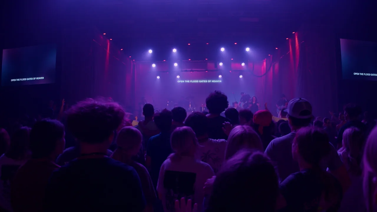 Still from the 220 Event Story Doc: a crowd, seen from behind, faces a purple-lit stage with a band and lyric screens.