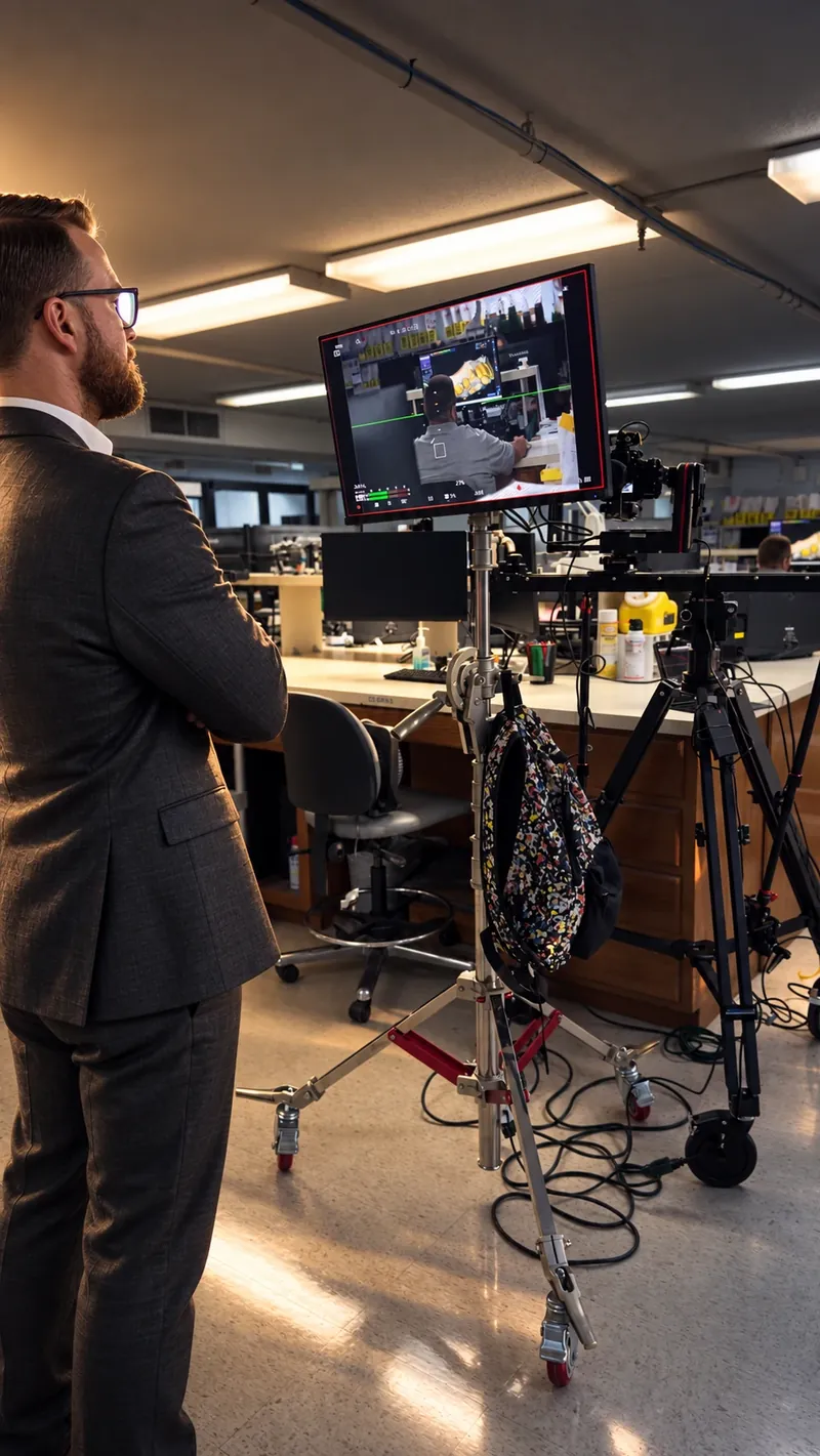 In a dental lab, Trevor Chapman stands with arms crossed watching a monitor that shows a technician at work, beside a camera on a slider rig.