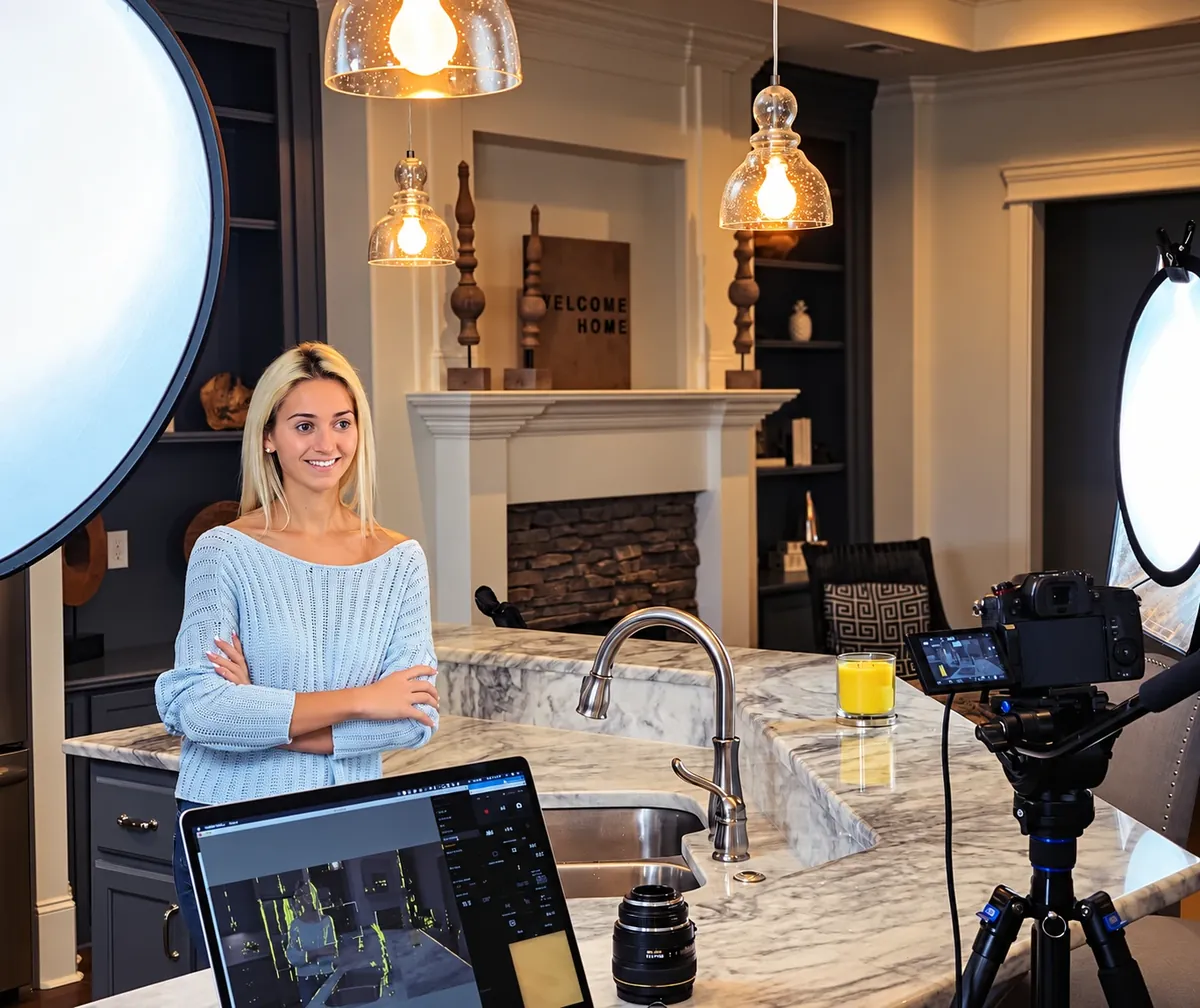 A smiling woman with folded arms stands at a marble kitchen island under pendant lights, lit from both sides.