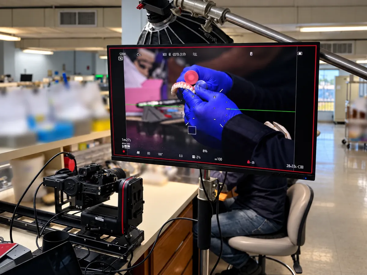 A monitor on a light stand shows a close-up of gloved hands holding a denture, while a camera on a slider films a technician at a dental lab bench.