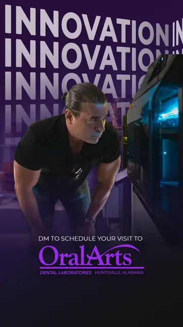 A vertical story graphic: a man in a black T-shirt leans in to look into a lit machine beneath repeated “Innovation” lettering, above the line “DM to schedule your visit to Oral Arts Dental Laboratories, Huntsville, Alabama.”