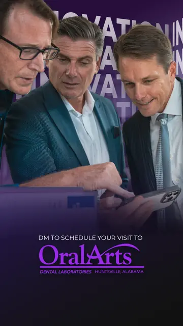 Three men in suits look at a phone together in front of repeated “Innovation” lettering, above the line “DM to schedule your visit to Oral Arts Dental Laboratories, Huntsville, Alabama.”