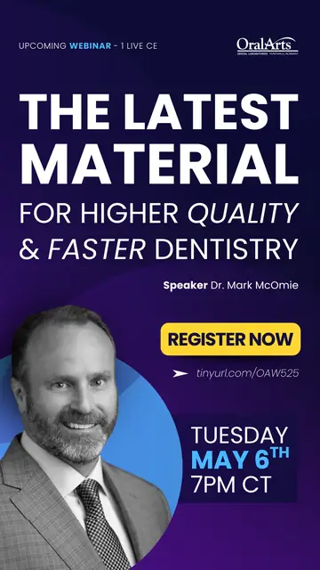An Oral Arts story graphic promoting an upcoming one-hour live continuing-education webinar for dentists, with a Register now button.