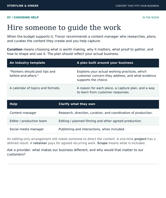 Workbook page 7, Choosing help: “Hire someone to guide the work.” One table compares an industry template with a plan built around your business; a second lists what a content manager, an editor or production team, and a social media manager each own.